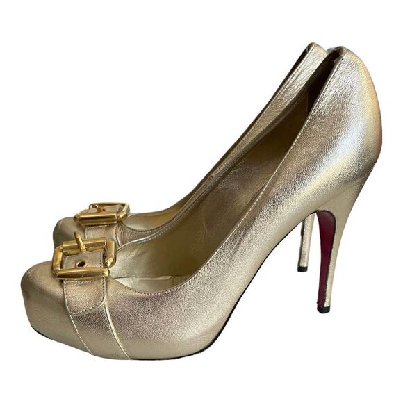 Luciano Padovan Platform Buckle Heels Pumps Size 38.5 Gold - Picture 2 of 7